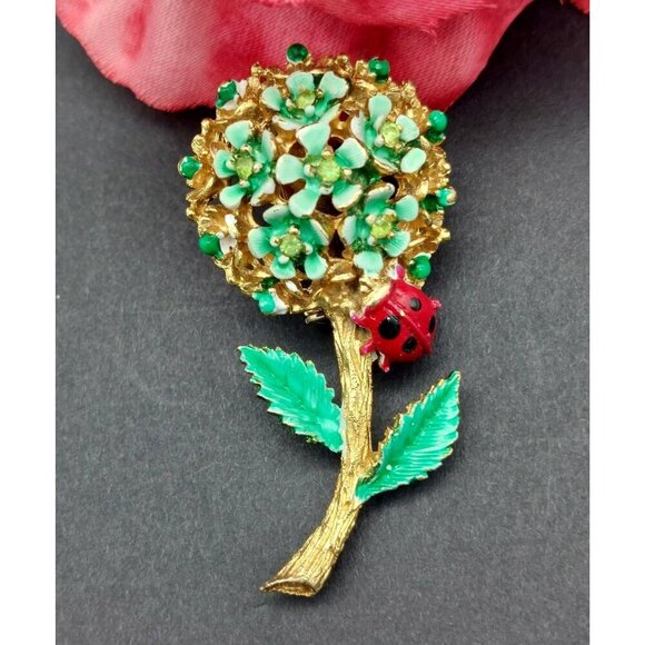 Adorable Gold Tone & Green Enamel Flower Brooch Ladybug Rhinestones 2 Inch - Picture 1 of 6
